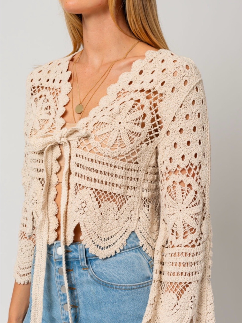 Gilli Cream Crochet Tie-Front Cardigan Top